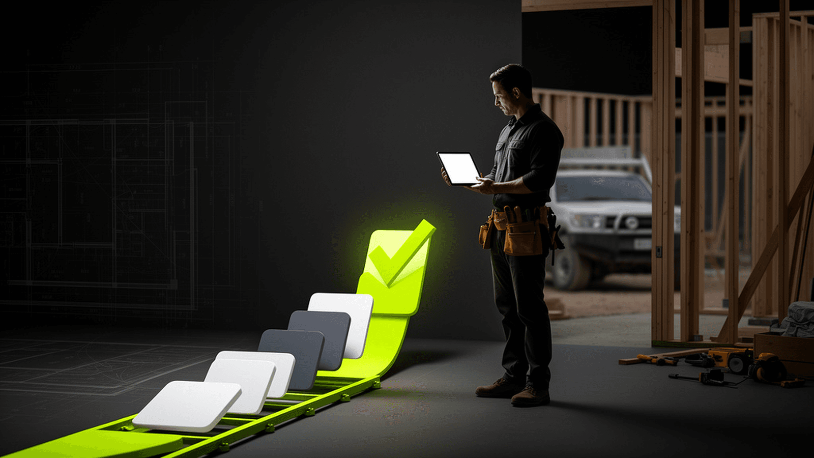 Tradie at a job site with quote cards progressing into an accepted quote pipeline